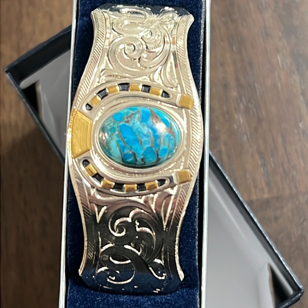 Montana Silversmiths Set In Stone Gold and Turquoise Cuff Bracelet, - Picture 4 of 16